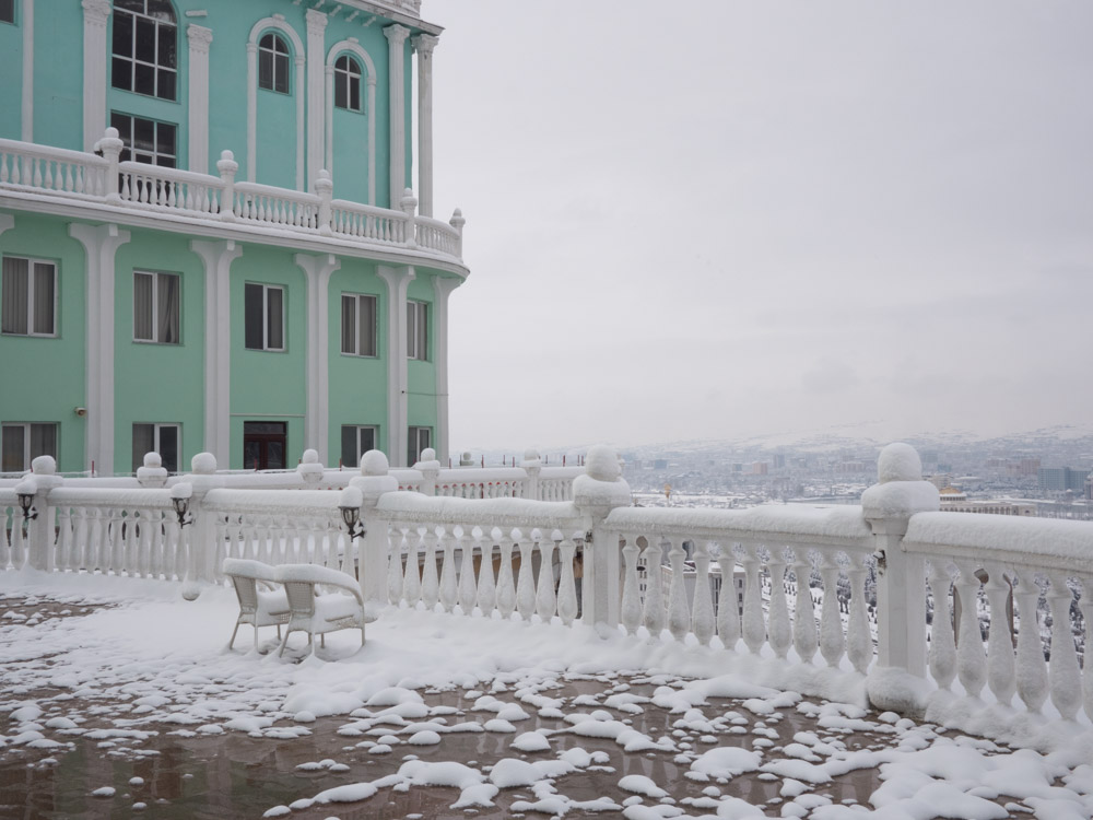 Balkon Duschanbe Tadschikistan Zwillingstürme Winter Blick