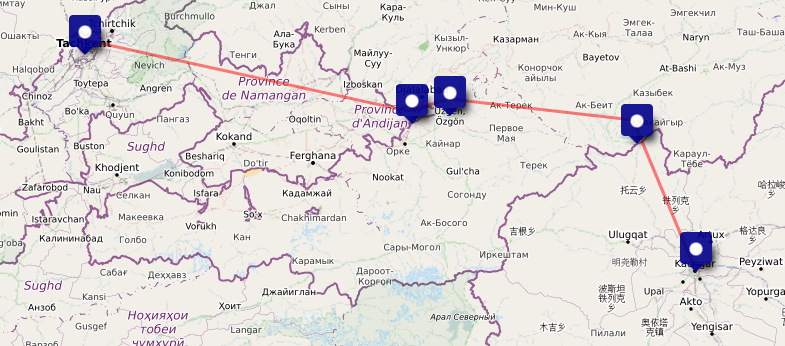 The planned route of the China-Kyrgyzstan-Uzbekistan railroad: from Kashgar (China) through Kyrgyzstan to Tashkent (Uzbekistan)