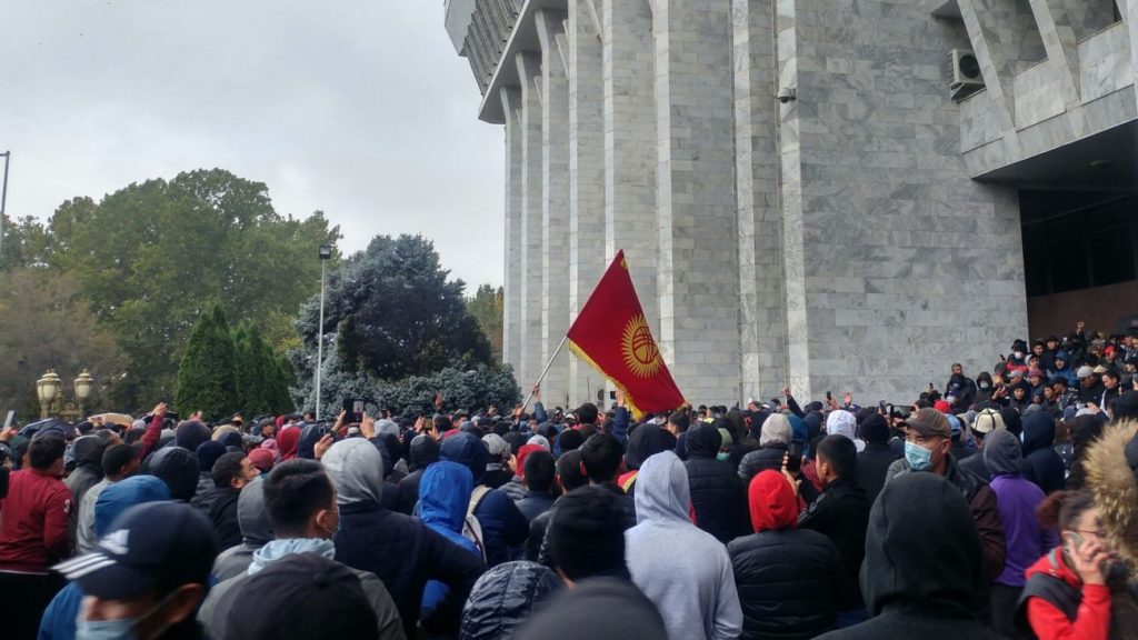 Protesters gather in Bishkek in October 2020