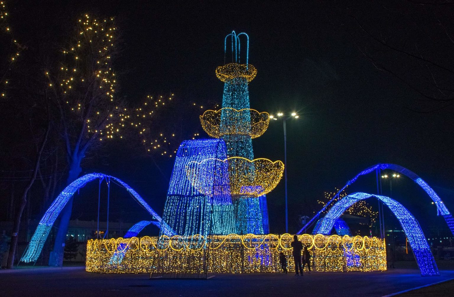 A fountain lit up for the New Year in Tashkent, Uzbekistan