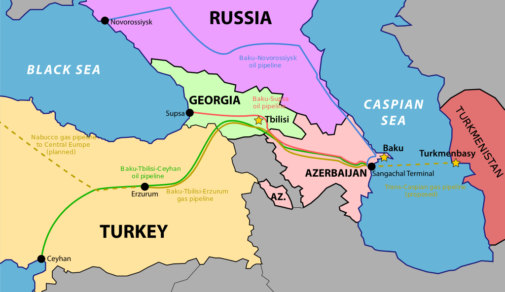 Map showing the existing and planned pipelines connecting Baku, in Azerbaijan.