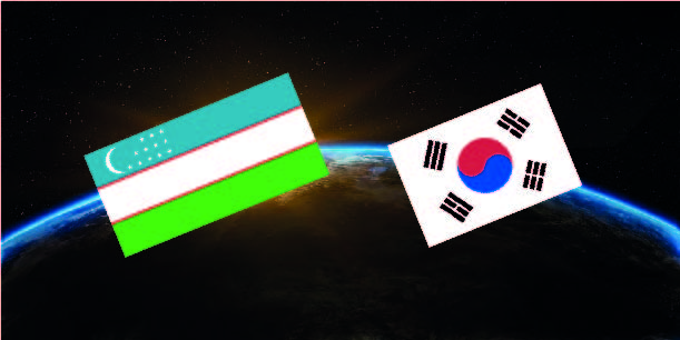 Flags of Uzbekistan and South Korea. In the background, the Earth is seen from space