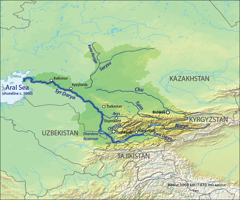 Map of the Syr Darya Basin watershed, of the Syr Darya and Chu Rivers. It drains into the Aral Sea.