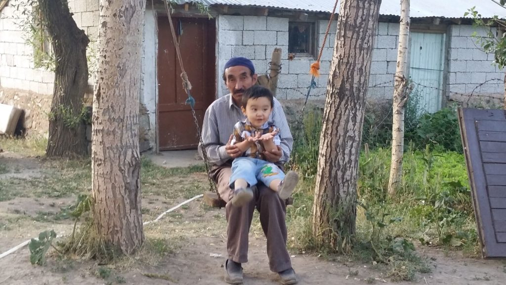 A Van Kyrgyz man and child sit on a swing.