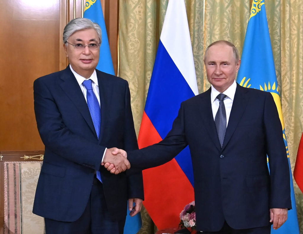 Russian President Vladimir Putin and the president of Kazakhstan Kassym-Jomart Tokayev shake hands during a recent state visit, amidst growing concerns about a anti-Russian disinformation campaign in Kazakhstan.