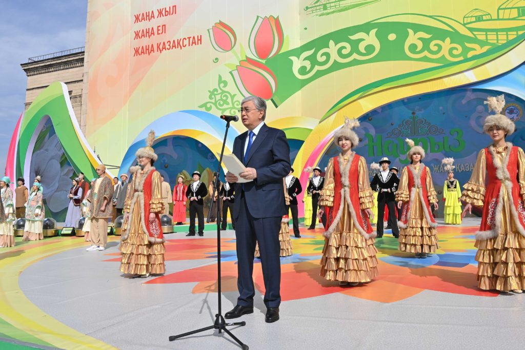 The president of Kazakhstan, Kassym-Jomart Tokayev, gives a speech during the official opening ceremony of the 2022 Nowruz festivities in Almaty.