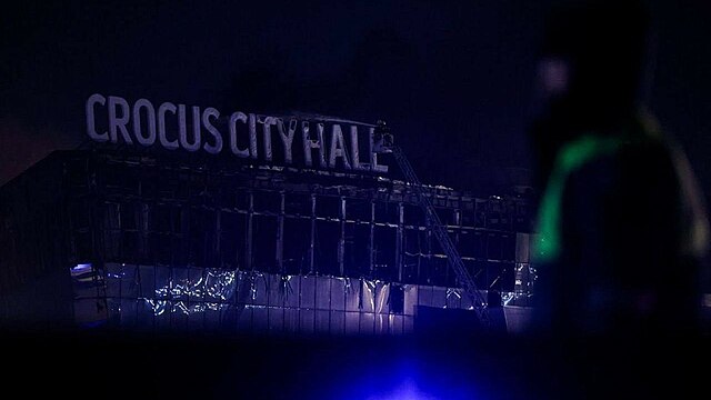 The burned out Crocus City Hall in Moscow on the evening of the attack. Photo from the Press Service of the Moscow Oblast.