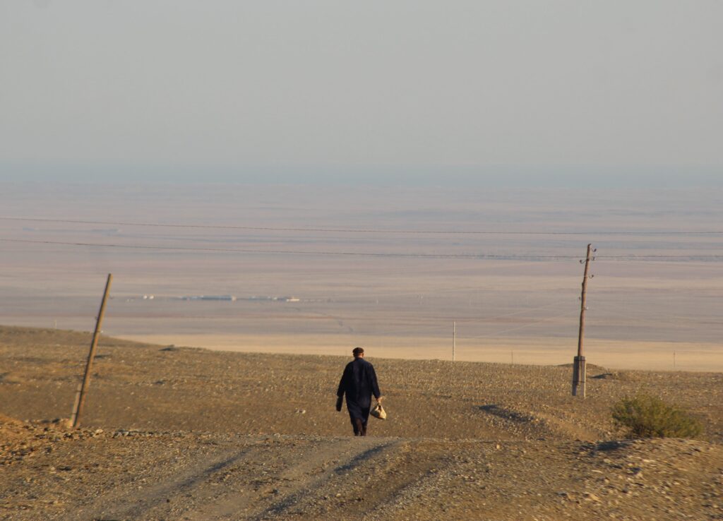 The morning walk for bread in the countryside of the Jizzakh region, Uzbekistan.