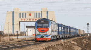 A freight locomotive at the Alashankou border station in China, before reaching the Kazakh border, 2017.