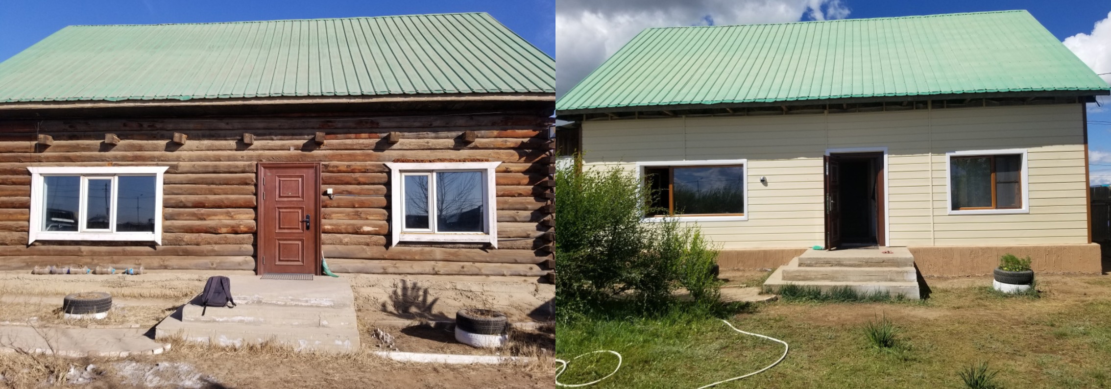 A detached house before and after energy-efficiency renovation in Mongolia. Improving the building envelope can substantially reduce the amount of energy required to keep a home warm during winter. Photo: GERES