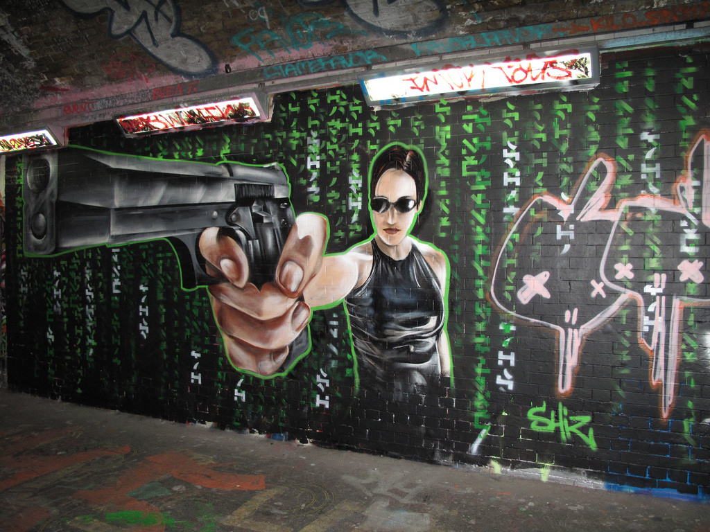 Graffiti représentant un extrait de Matrix des sœurs Wachowski