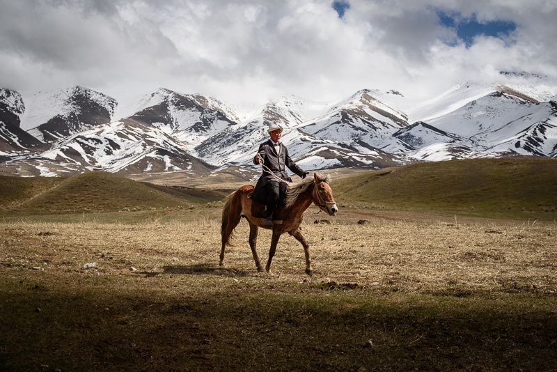 Homme sur un cheval au Kirghizstan