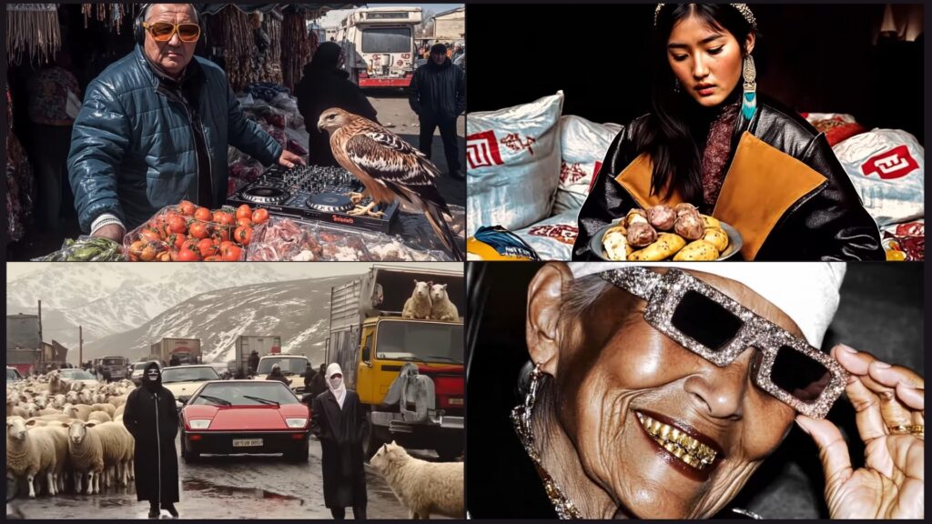 « Réinterprétation psychédélique et imaginative de motifs kirghizes du quotidien », captures d'écran du clip de « Soundcheck » (Yuliya Petrova, 2025)