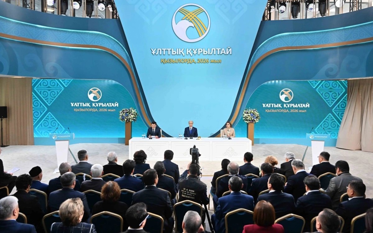 Le président de la République Kassym-Jomart Tokaïev lors de son discours au Kurultaï national de Kyzylorda, le 20 janvier 2026. Crédit: Akorda