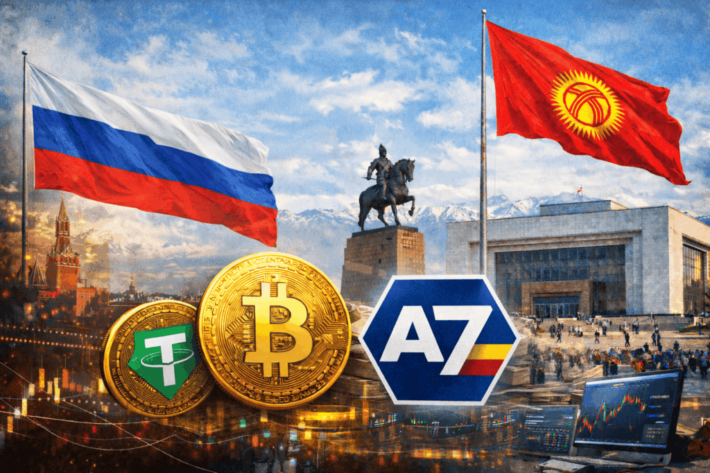 Avec le développement du système de paiement A7 en Russie, mêlant cryptomonnaie et schémas de blanchiement d'argent, le Kirghizstan est devenue la juridiction clé pour permettre à la Russie ses paiments internationaux malgré les sanctions. Illustration Chat-GPT