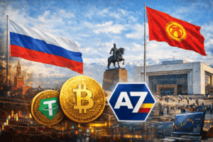 Avec le développement du système de paiement A7 en Russie, mêlant cryptomonnaie et schémas de blanchiement d'argent, le Kirghizstan est devenue la juridiction clé pour permettre à la Russie ses paiments internationaux malgré les sanctions. Illustration Chat-GPT