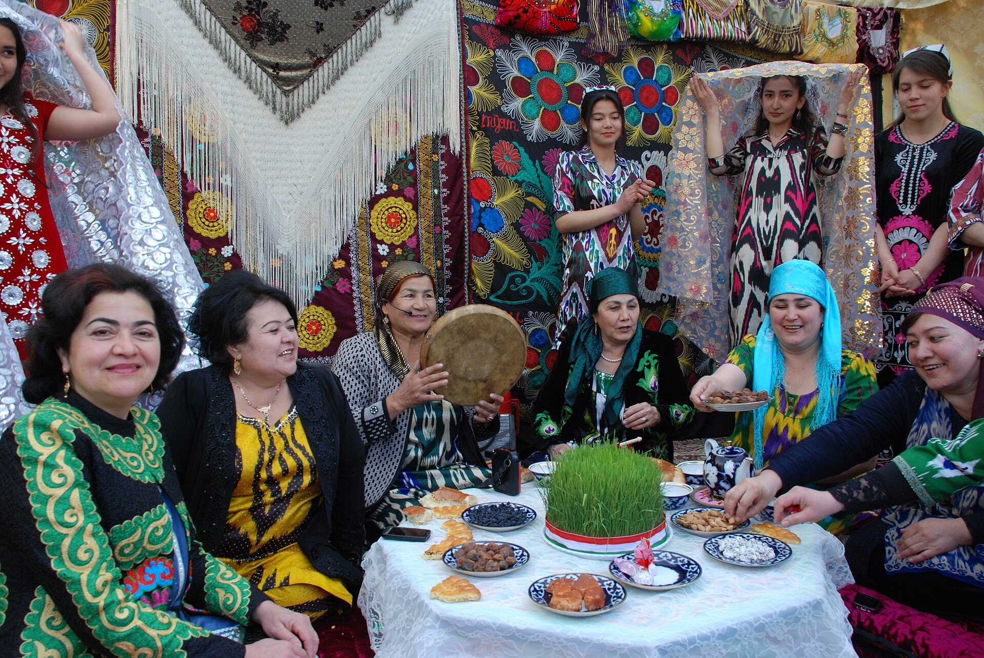 Des élèves et leurs professeurs font la démonstration d'une partie de la cérémonie de mariage tadjike lors des célébrations de Norouz. Crédit : Ilhoms via Wikicommons